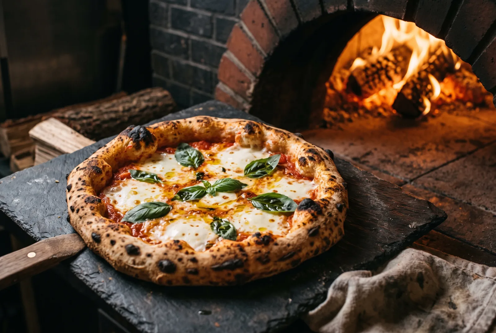 Pizza a lunga lievitazione cotta nel forno a legna