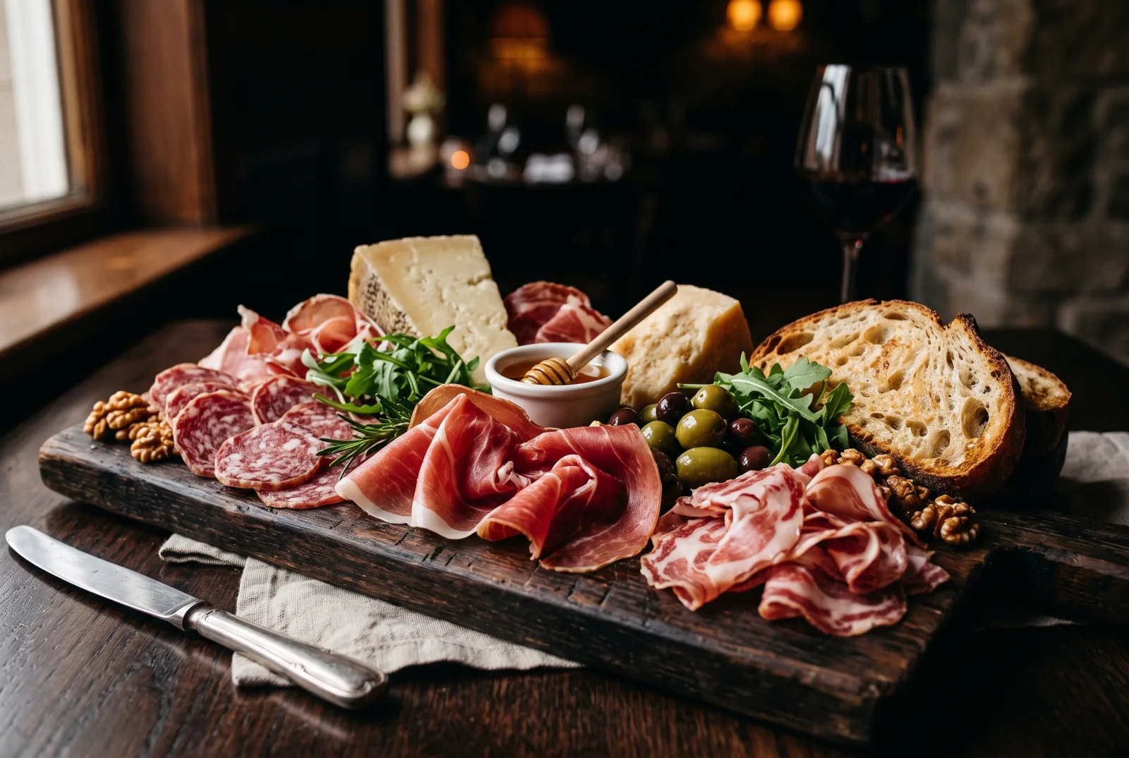 Tagliere di prodotti tipici: salumi, formaggi, olive e pane