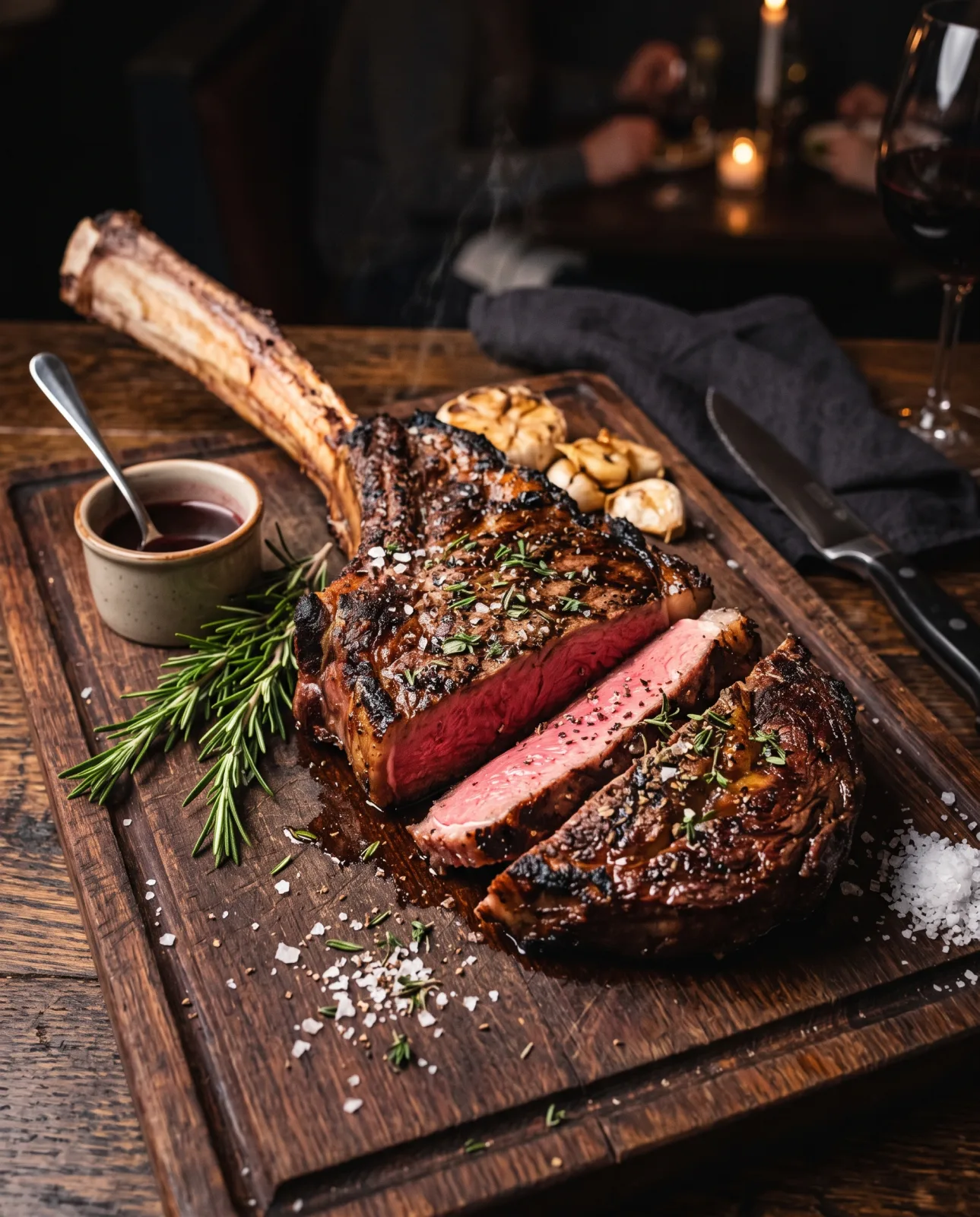 Tomahawk alla brace, taglio di carne con osso lungo cotto sul fuoco
